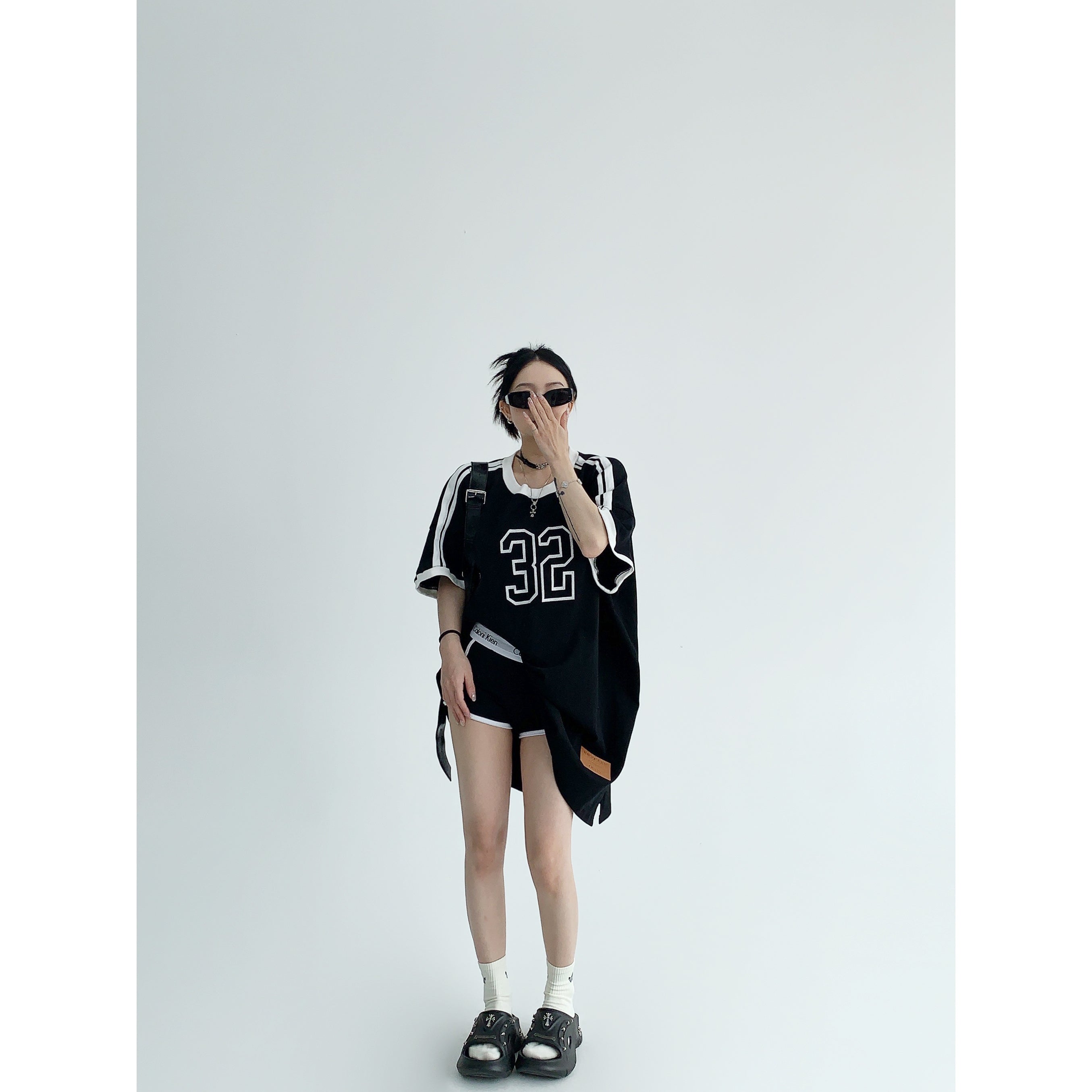 Graphic Oversized T-Shirt Dress with Sporty Striped Sleeves