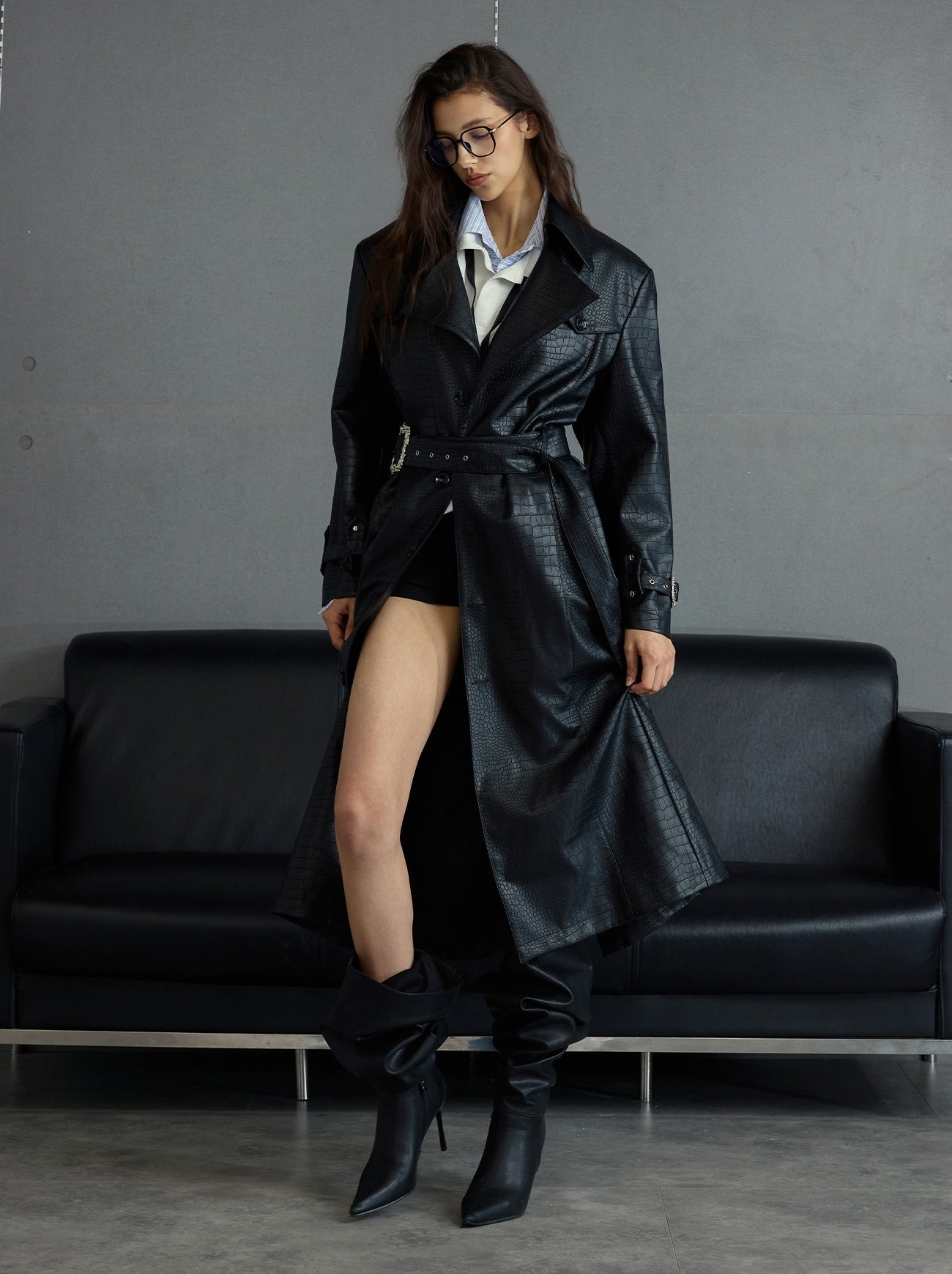 Crocodile Pattern Leather Trench Coat | The Korean Fashion
