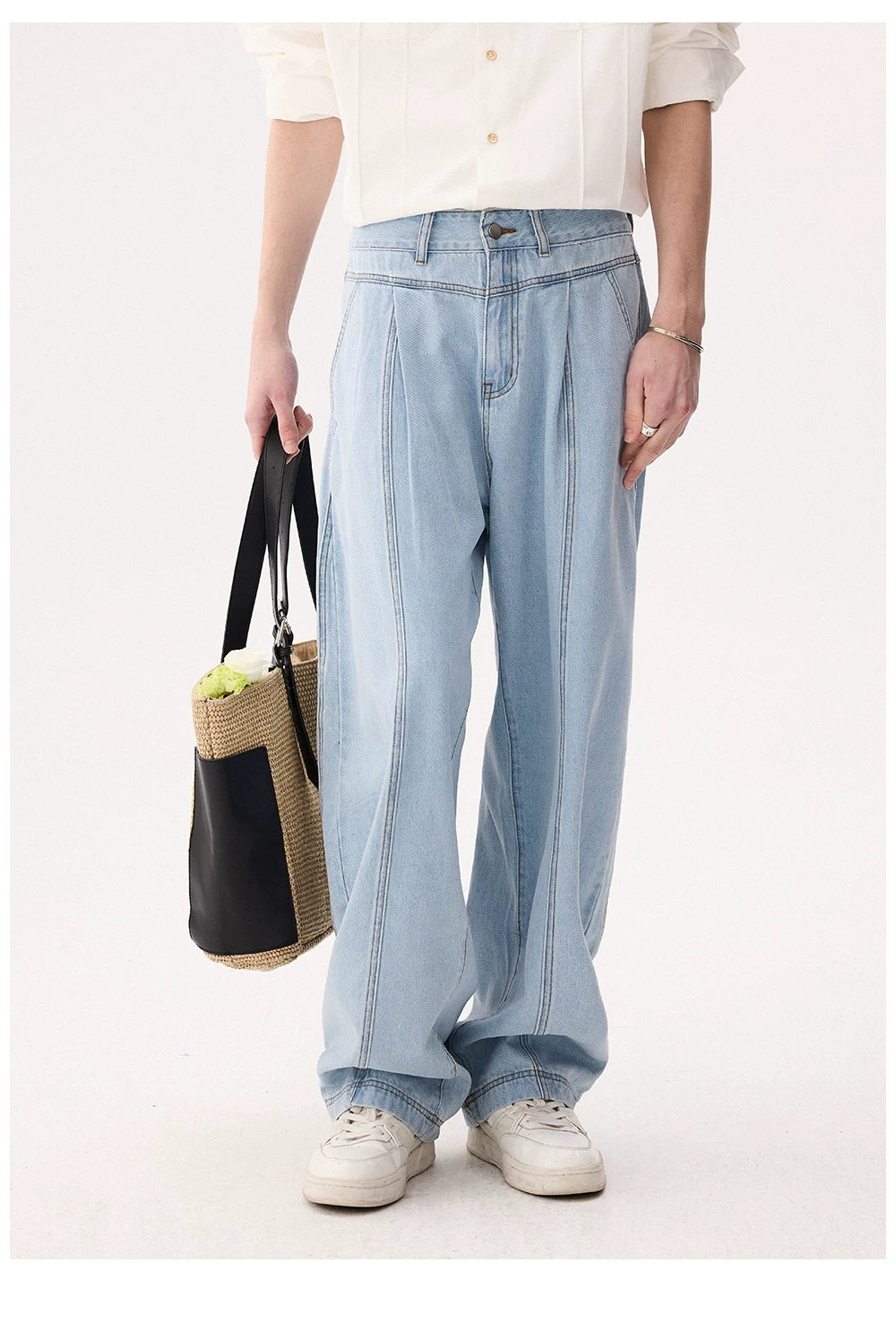 Pleated Wide-Leg Curved Denim Pants | The Korean Fashion