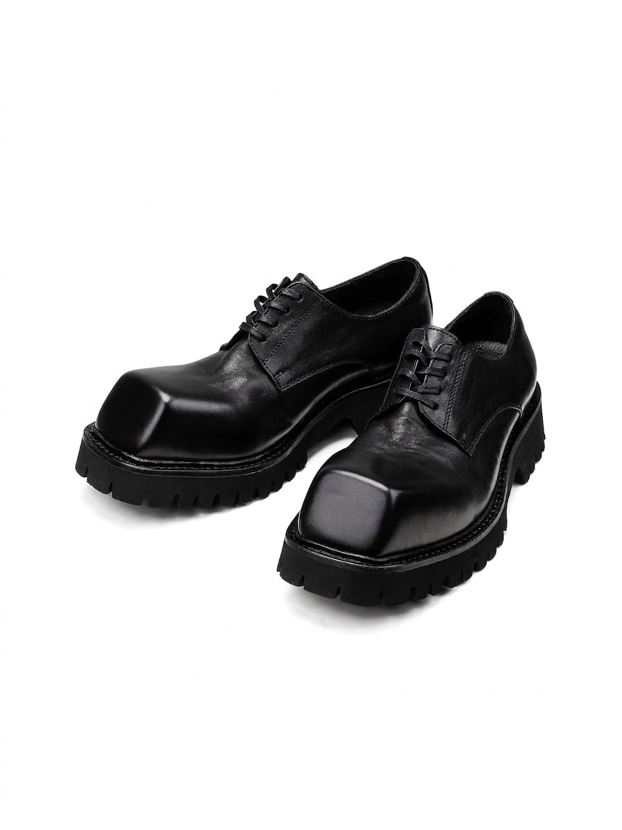 Square Toe Chunky Sole Leather Derby Shoes | The Korean Fashion