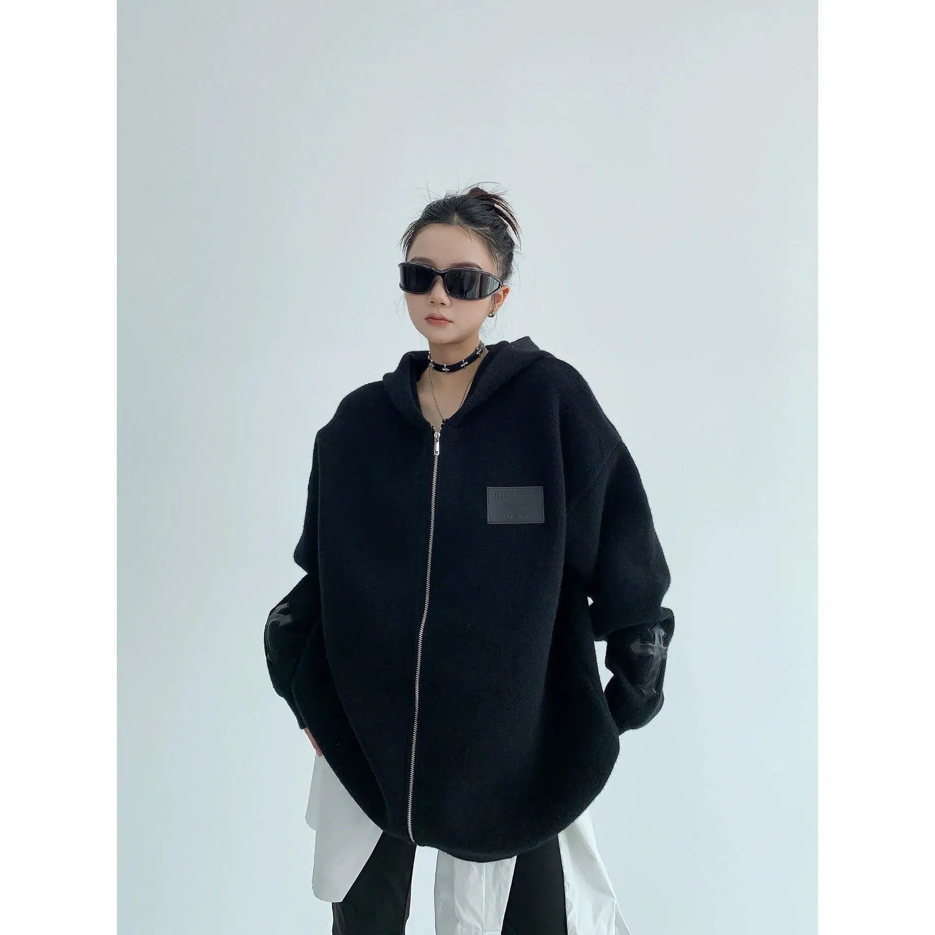 Arm Patch Oversized Zip-Up Sweatshirt | The Korean Fashion