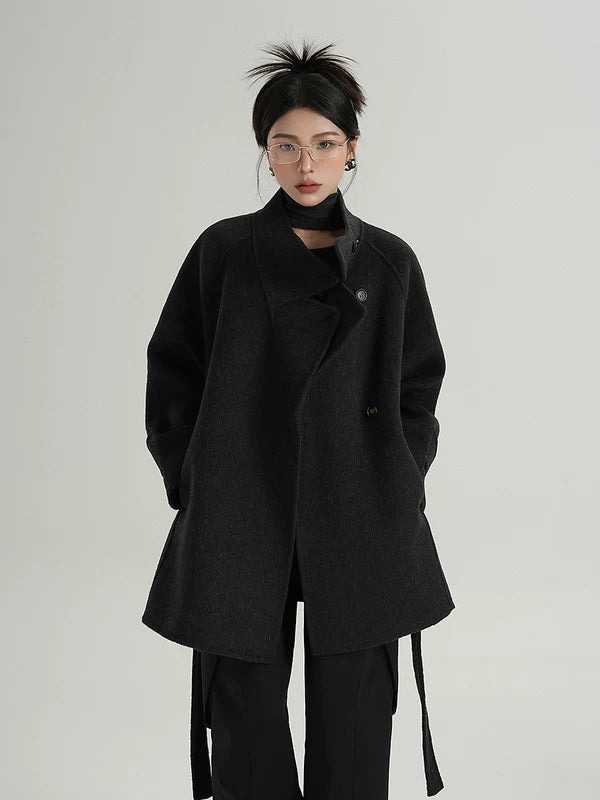 Belted High Neck Wool Wrap Coat | The Korean Fashion