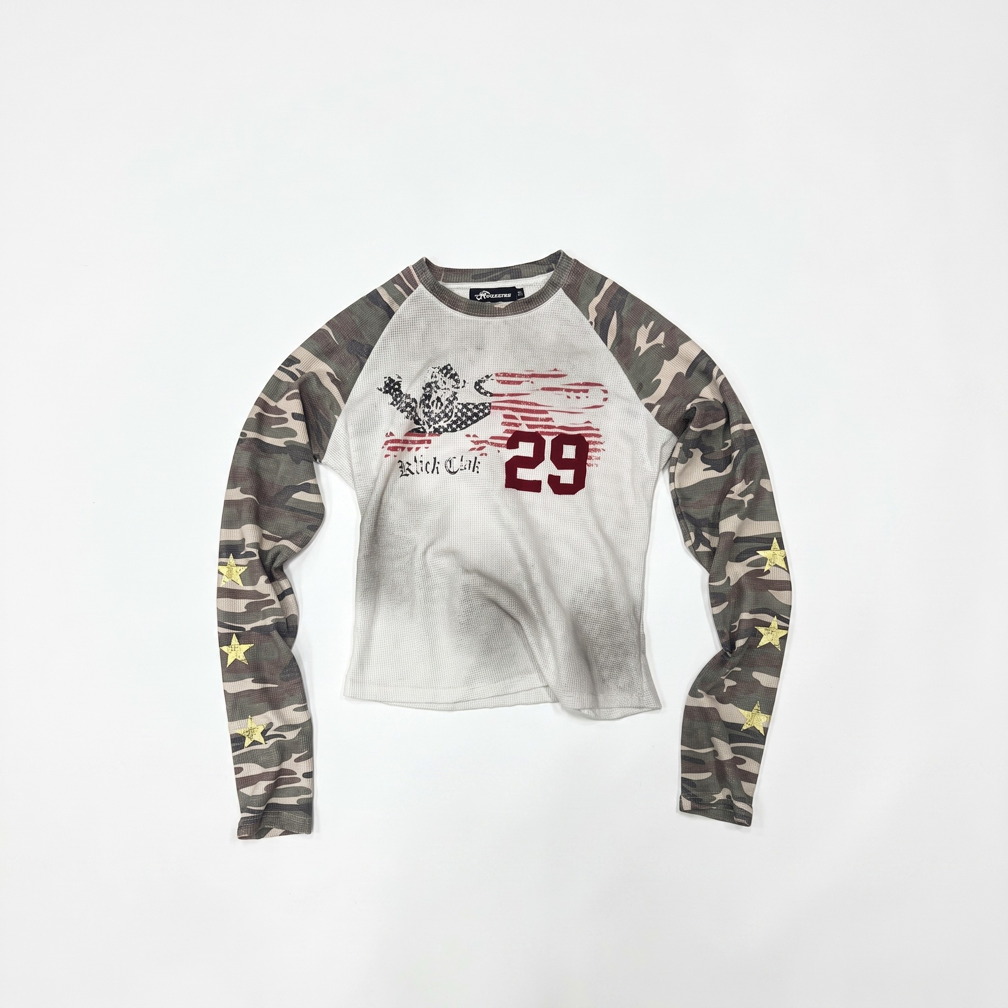 トップス 00s  camo raglan T-shirt y2k Camo Raglan Long Sleeve Waffle Shirt | Korean Fashion