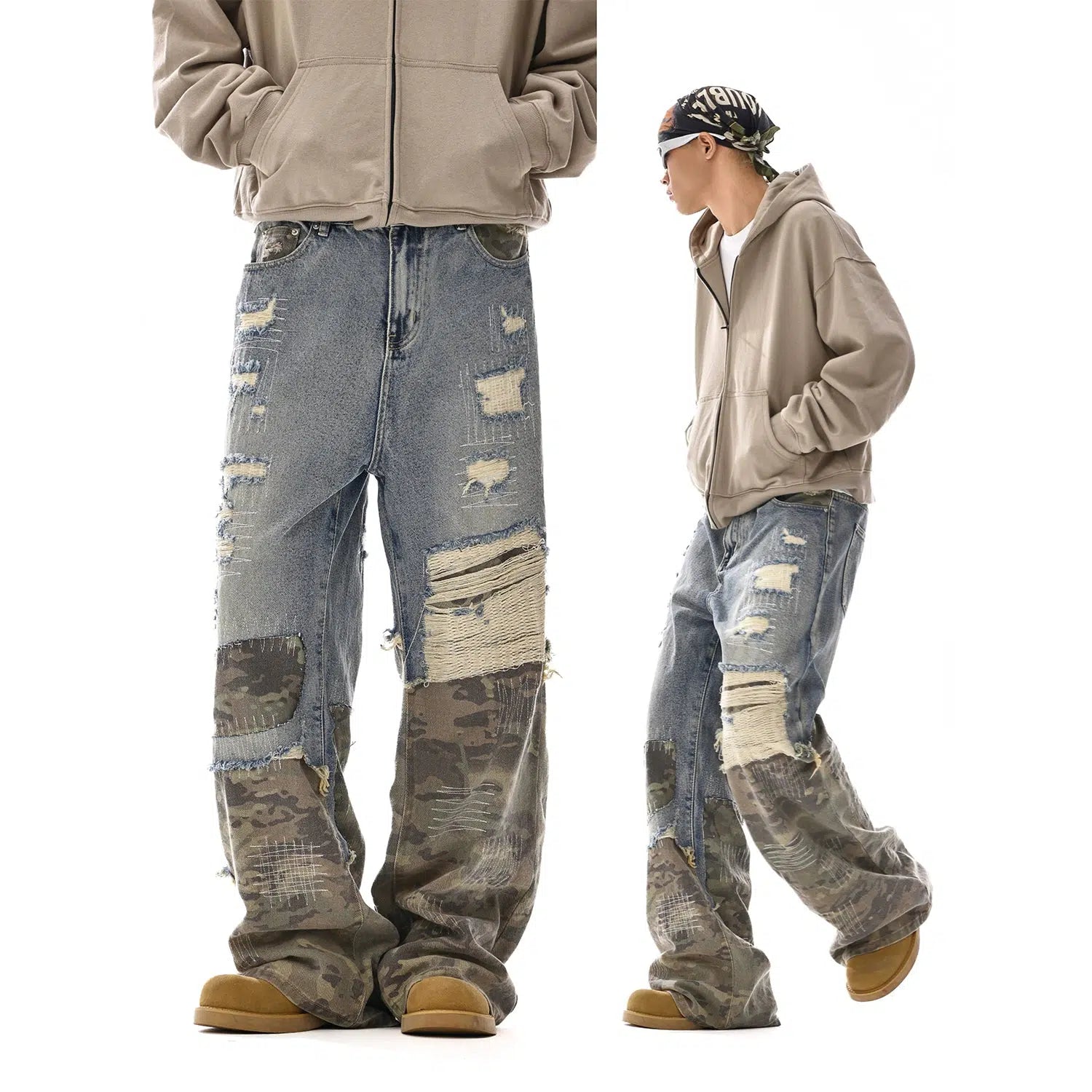 Camouflage Patchwork Wide-Leg Distressed Jeans | The Korean Fashion