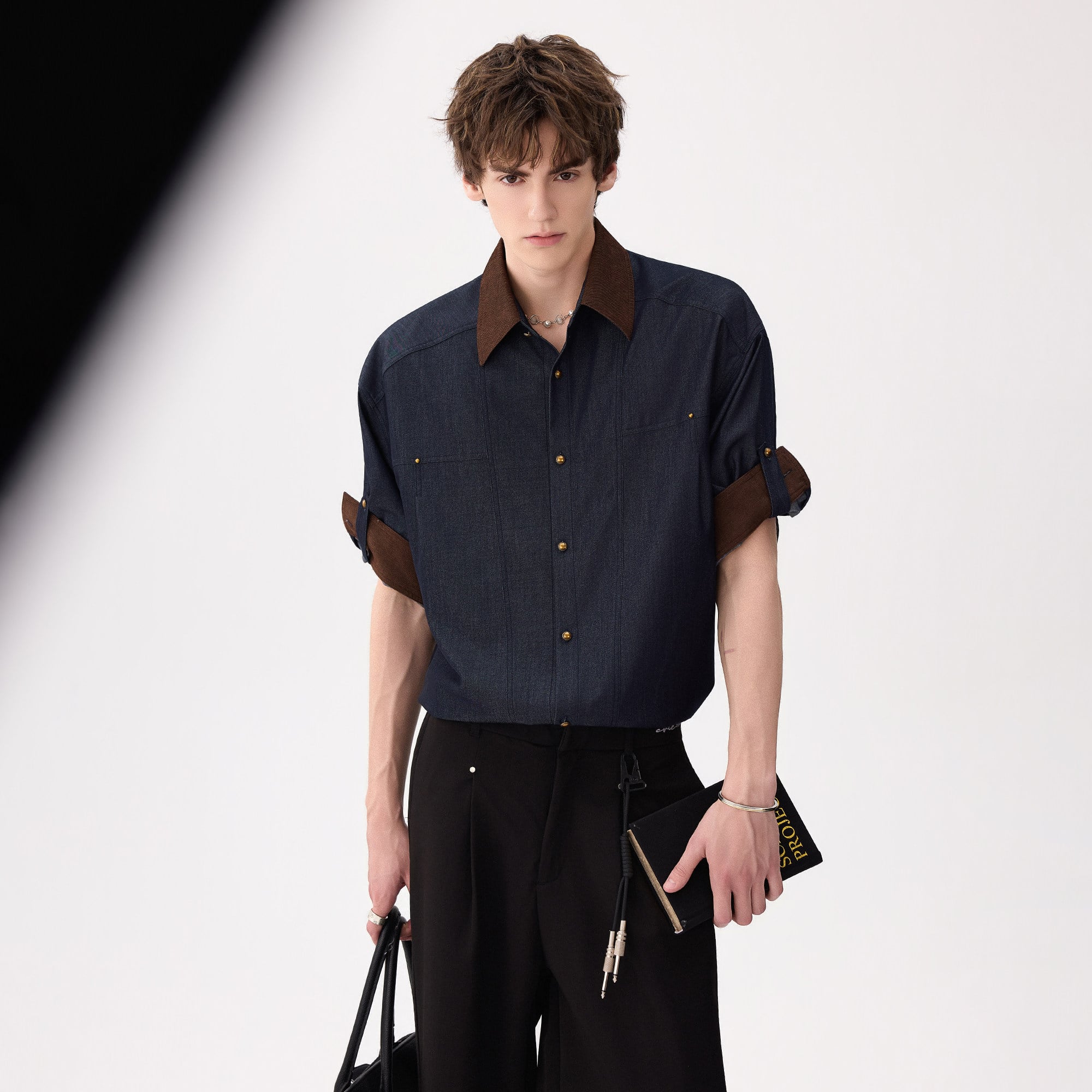 Contrast Collar Business Casual Short-Sleeve Shirt — Dark Blue / S