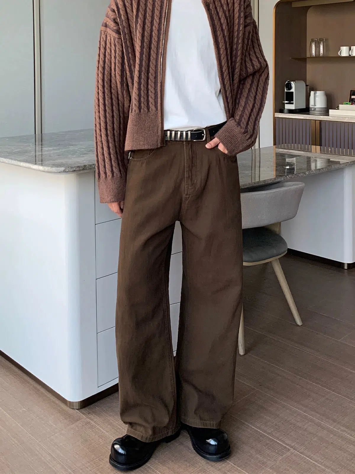 Dark Brown Straight Pleated Pants — Dark Brown / S