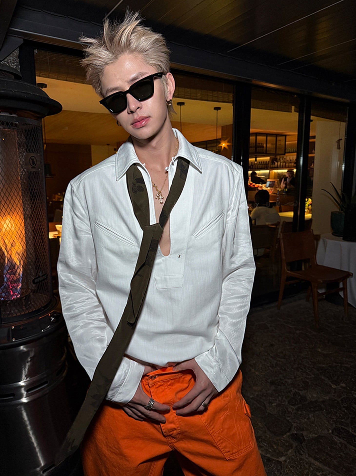 Deep V-Neck Half-Placket Shirt