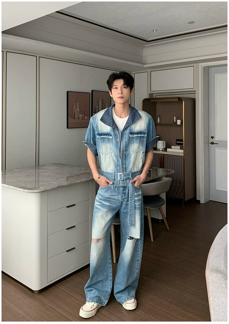 デニム　セットアップ 半袖ジャケット パンツ　韓国メンズ デニム半袖ジャケット＆パンツセットアップ