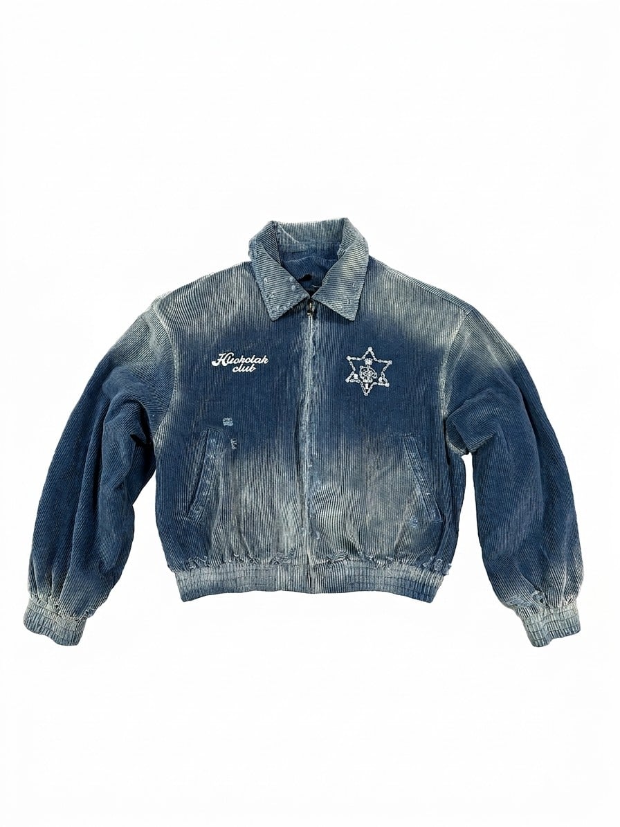 Distressed Blue Corduroy Zip-Up Jacket | The Korean Fashion