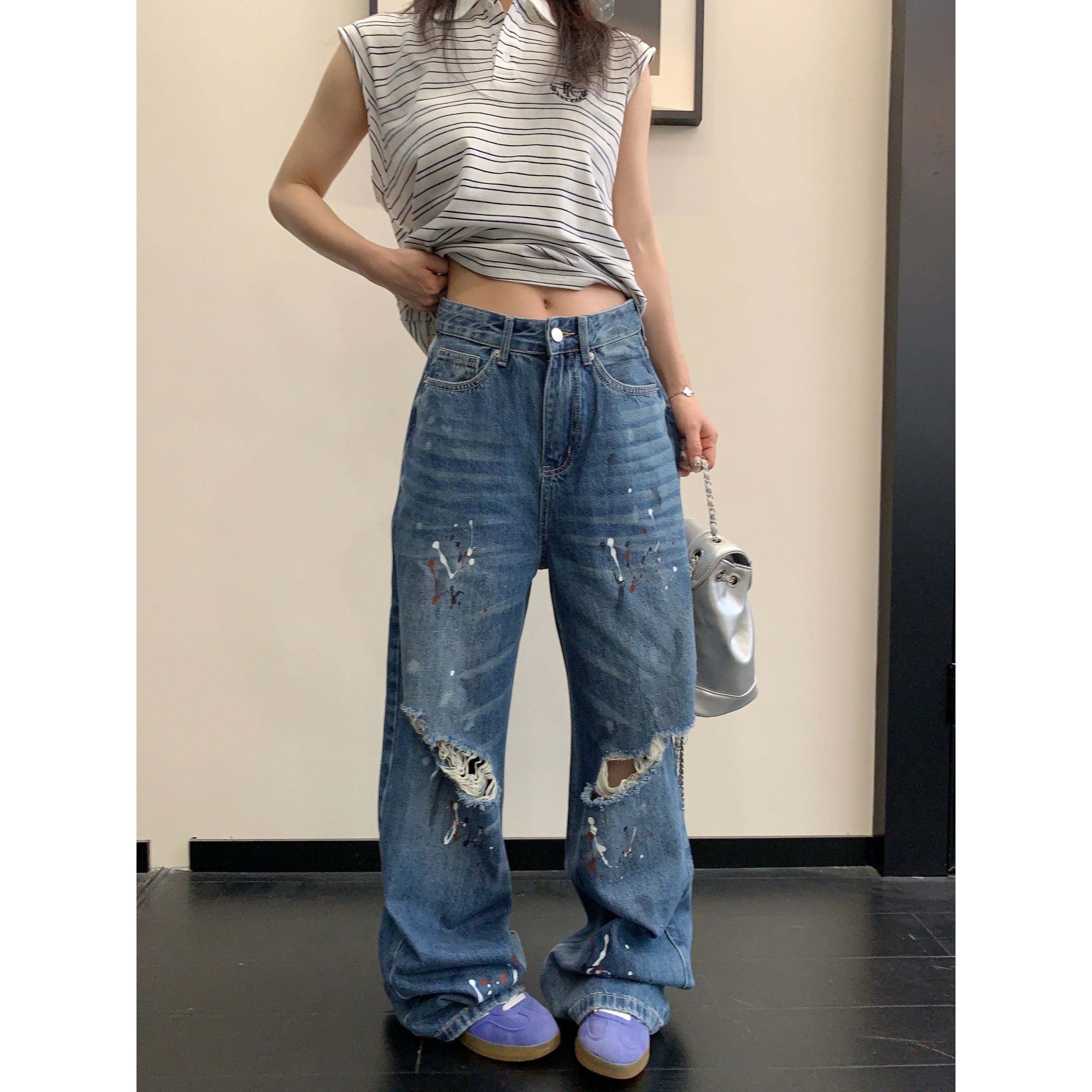 Distressed Straight Leg Jeans with Paint Splatter | The Korean Fashion