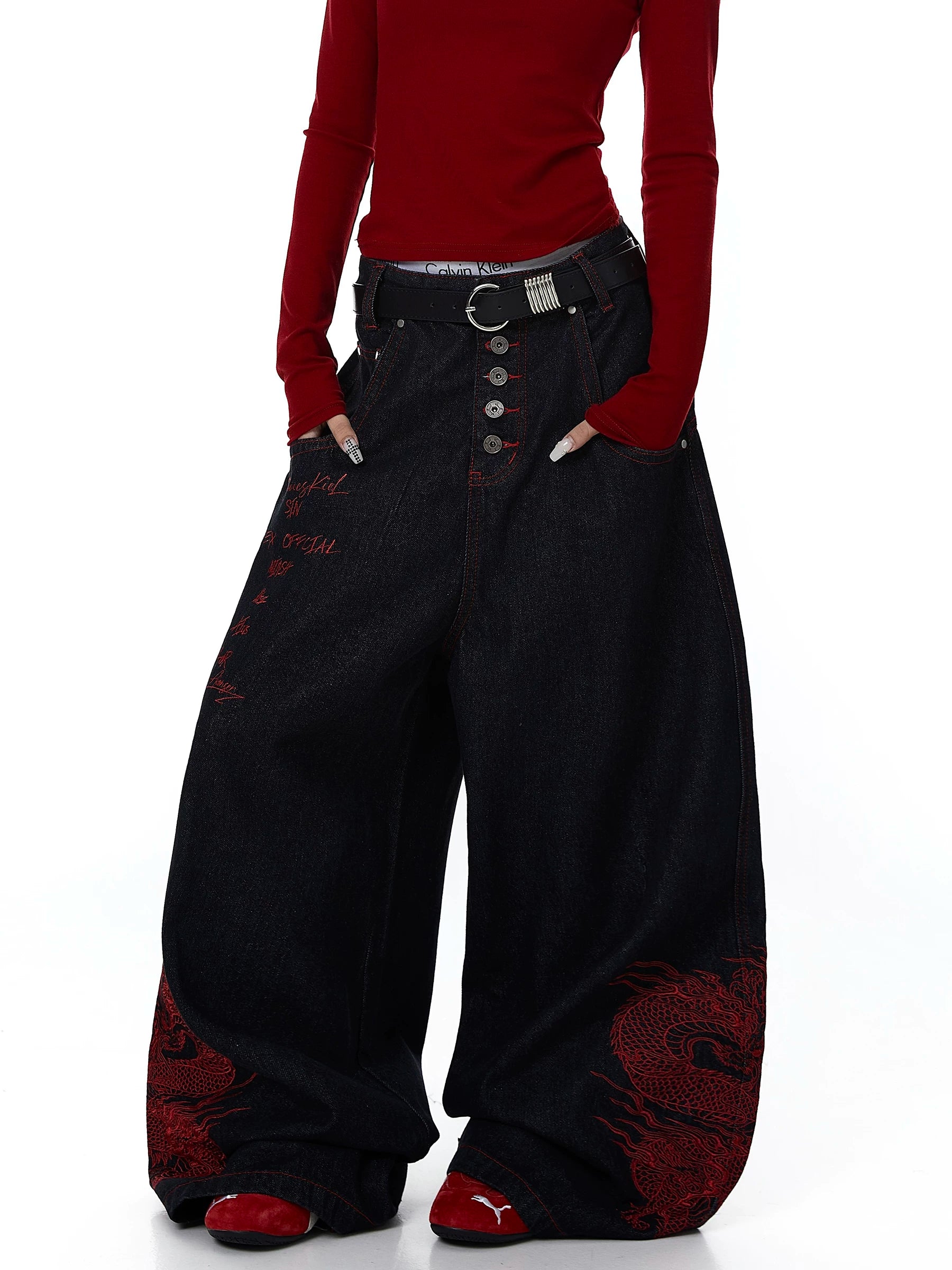 Dragon Embroidered Wide Leg Denim Pants | The Korean Fashion