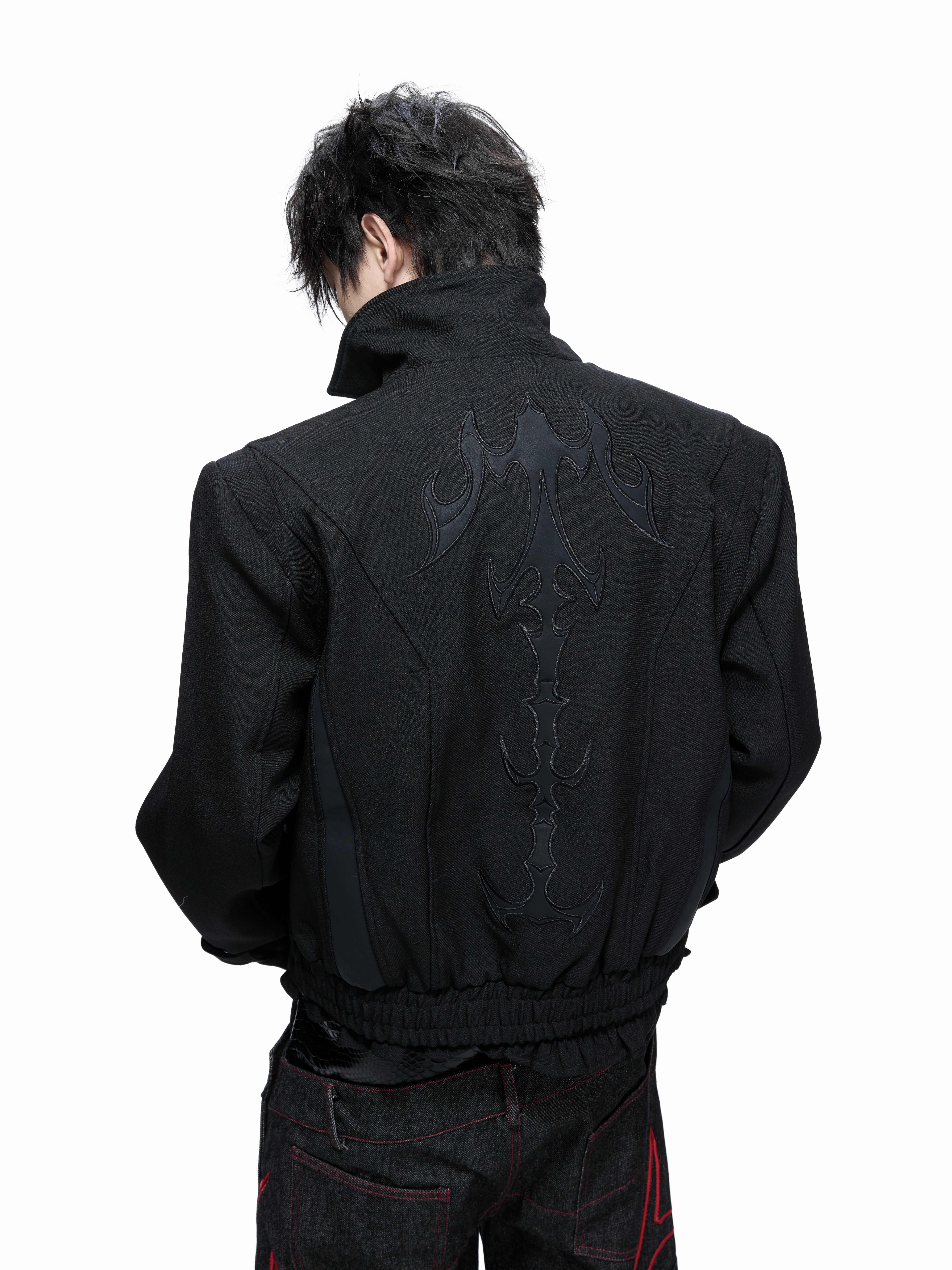 Embroidered Spine Stand Collar Short Jacket