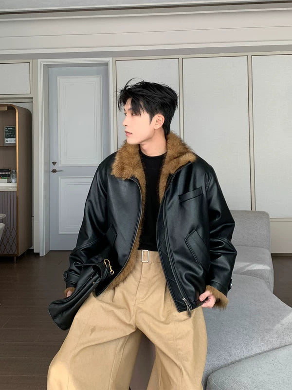 フェイクファーカラー レザーライダースジャケット | The Korean Fashion