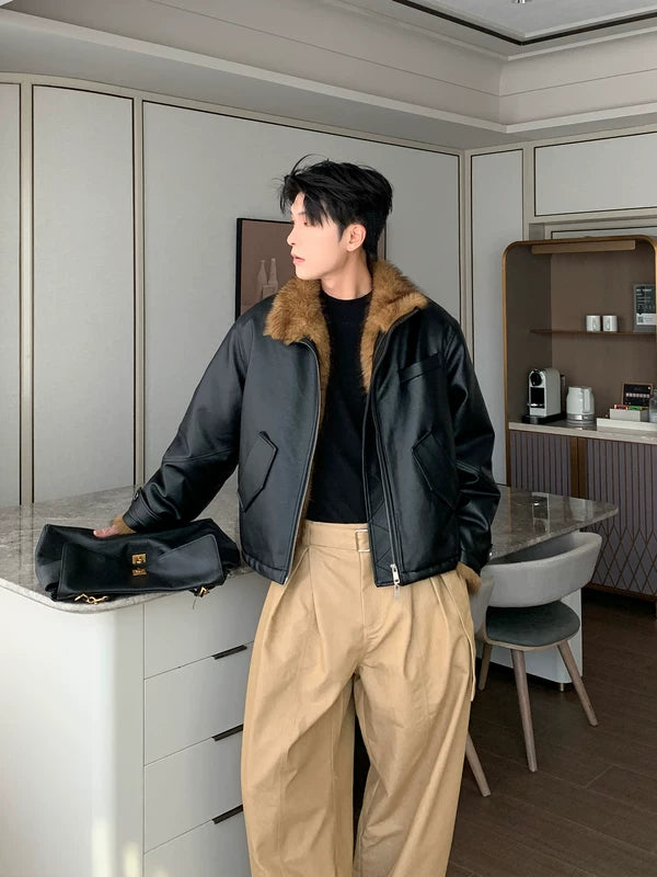 フェイクファーカラー レザーライダースジャケット | The Korean Fashion