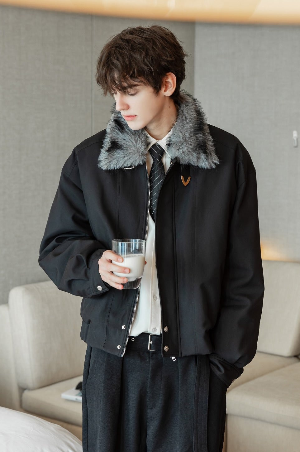 その他アウター Fauxfur collar キルトロングコート