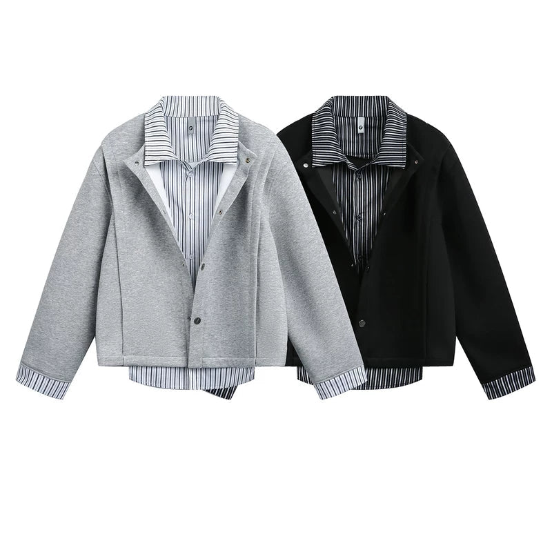 ジャケット・アウター THEILMA Zere Striped Layered Jacket Faux Two-Piece Striped Layered Jacket | The Korean Fashion