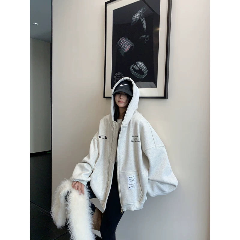 Oversized Zip Up Hooded Jacket in Heathered Jersey