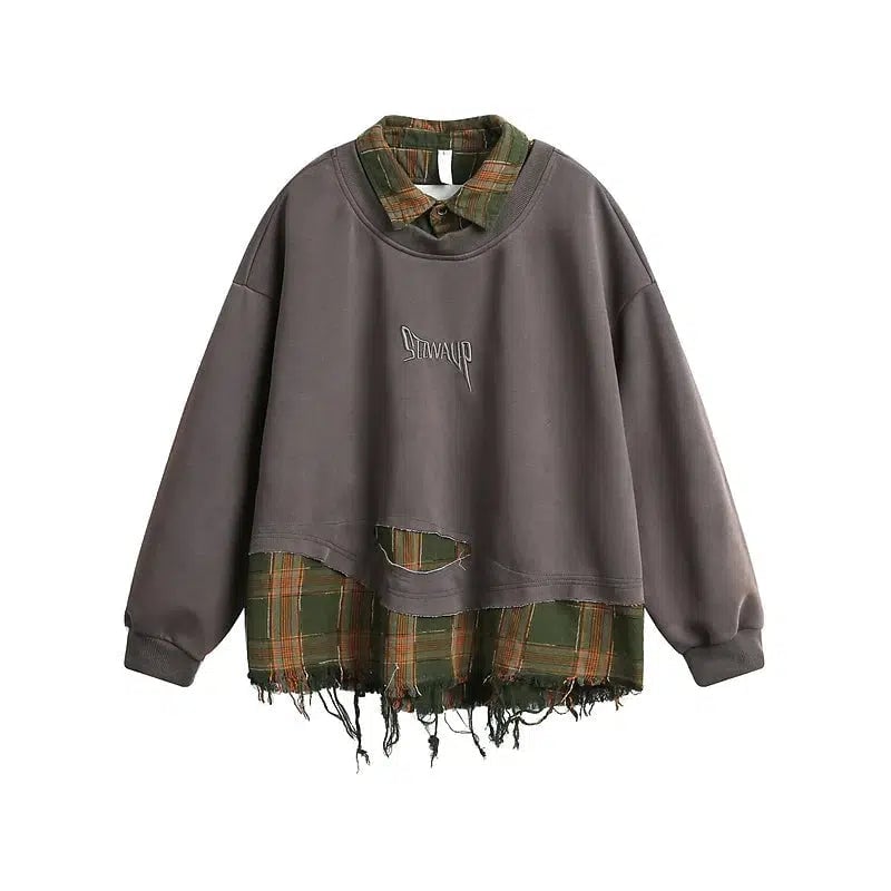 Plaid Patchwork Ripped Sweatshirt | The Korean Fashion