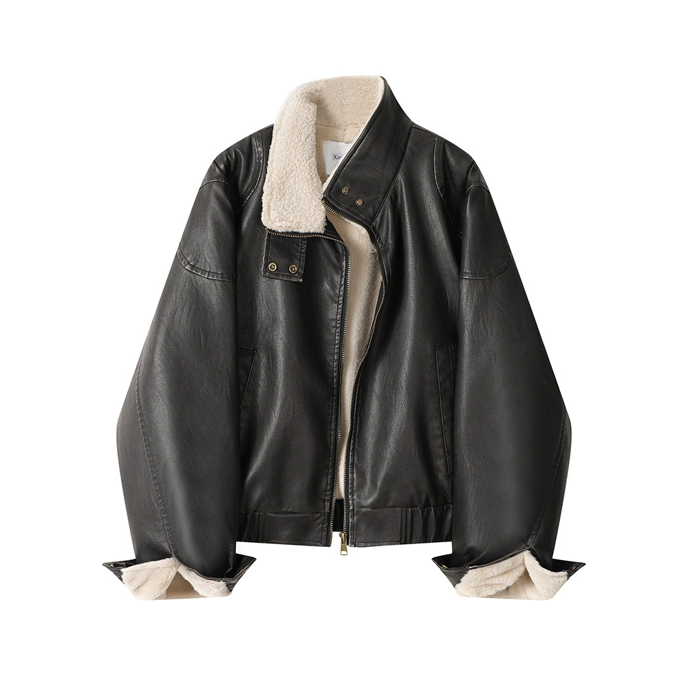 Fleece-Lined Faux Leather Jacket | The Korean Fashion