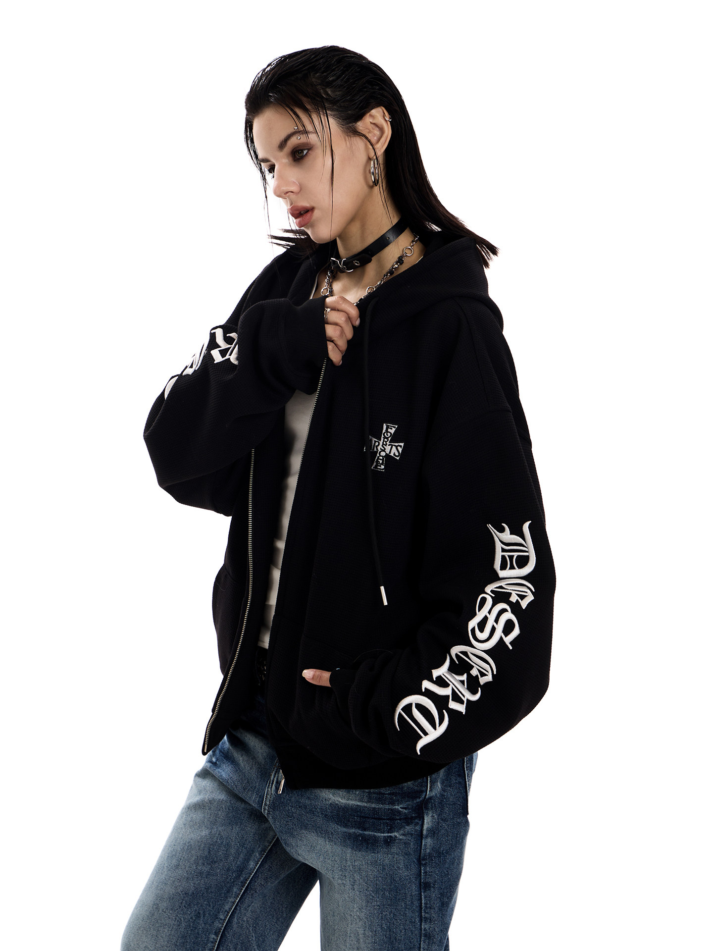 Gothic Waffle Knit Zip-Up Hoodie | The Korean Fashion