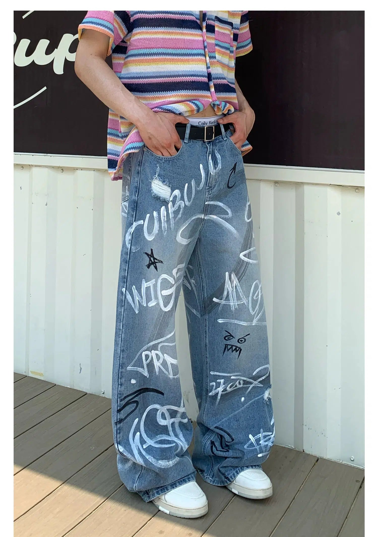 Graffiti Print Wide-Leg Jeans | The Korean Fashion