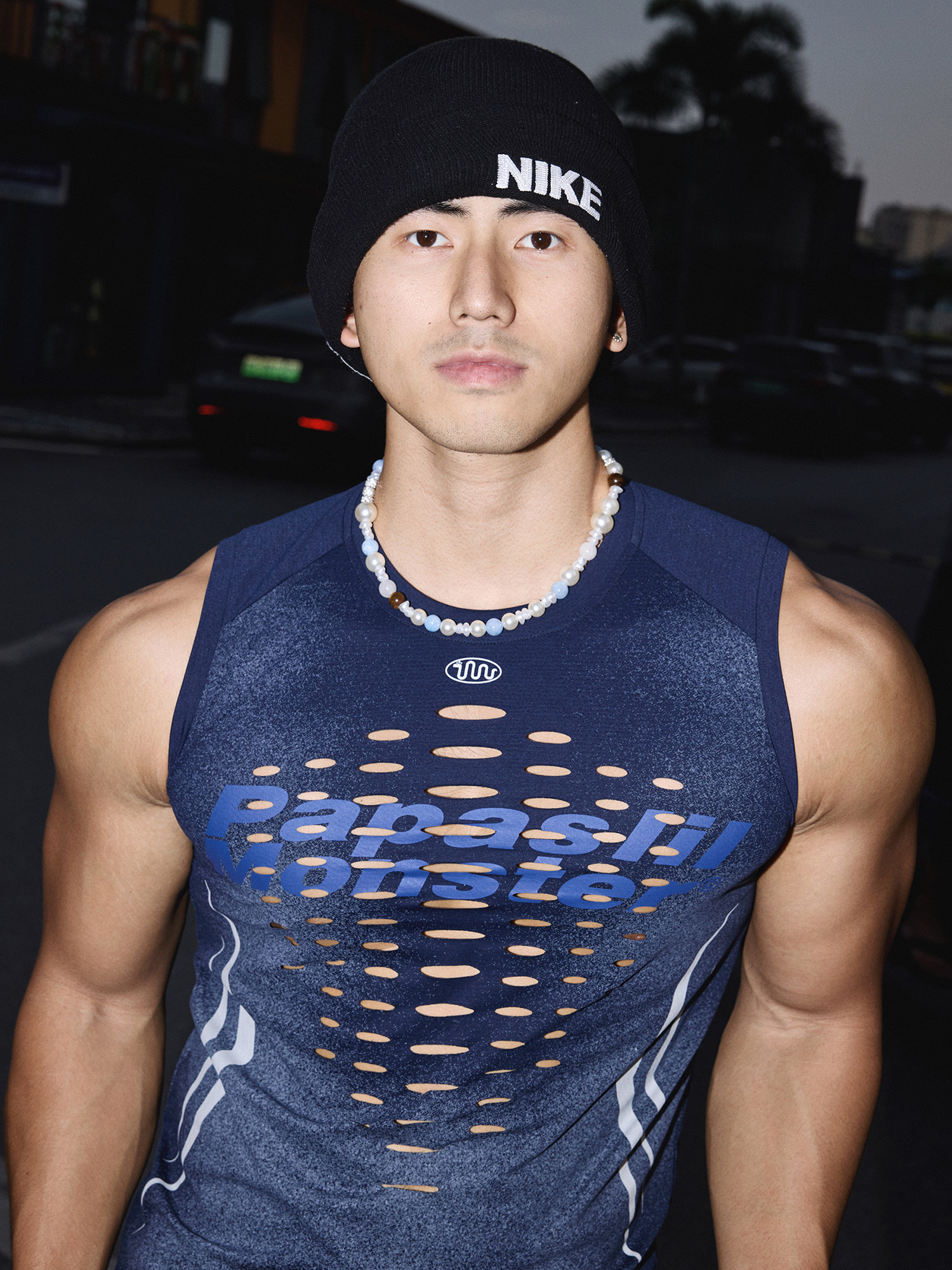 Graphic Cutout Muscle Tank Top in Navy | The Korean Fashion