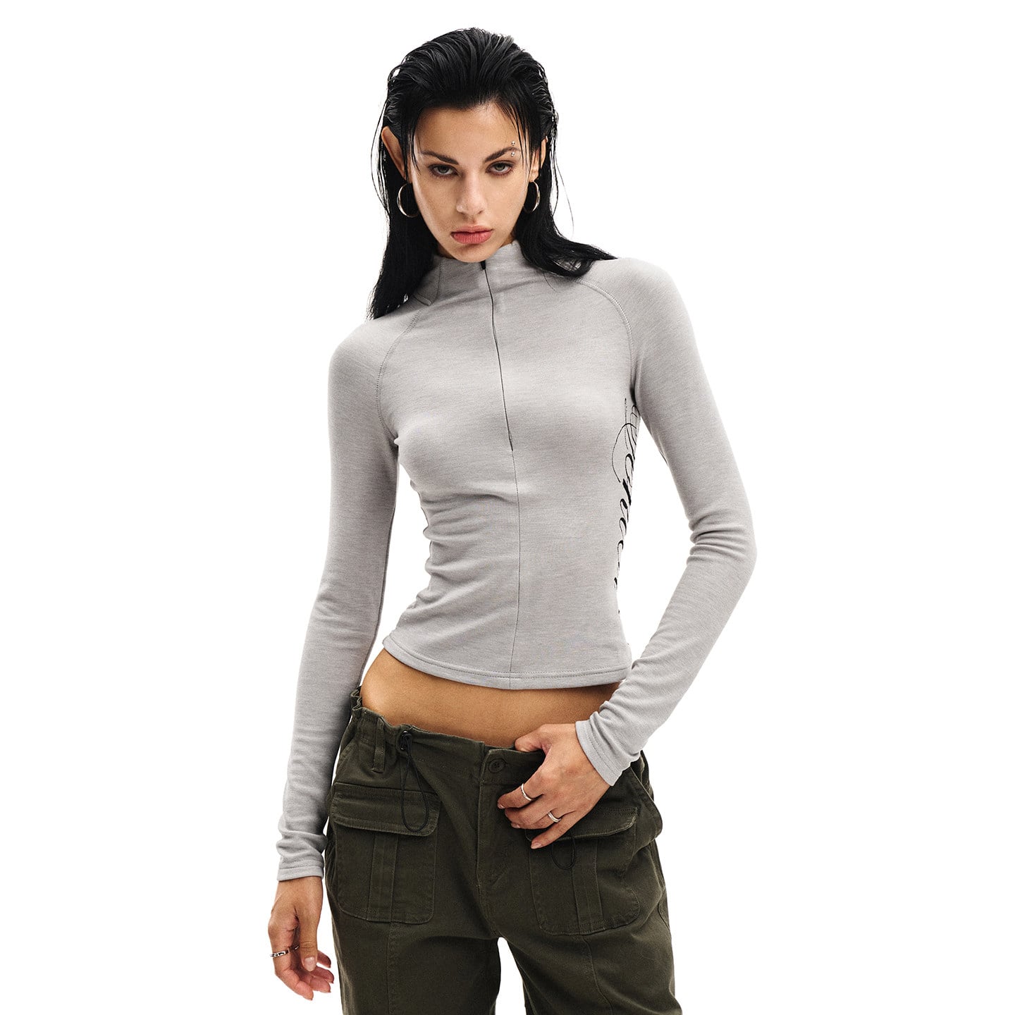 Half-Zip Mock Neck Long Sleeve T-Shirt | The Korean Fashion