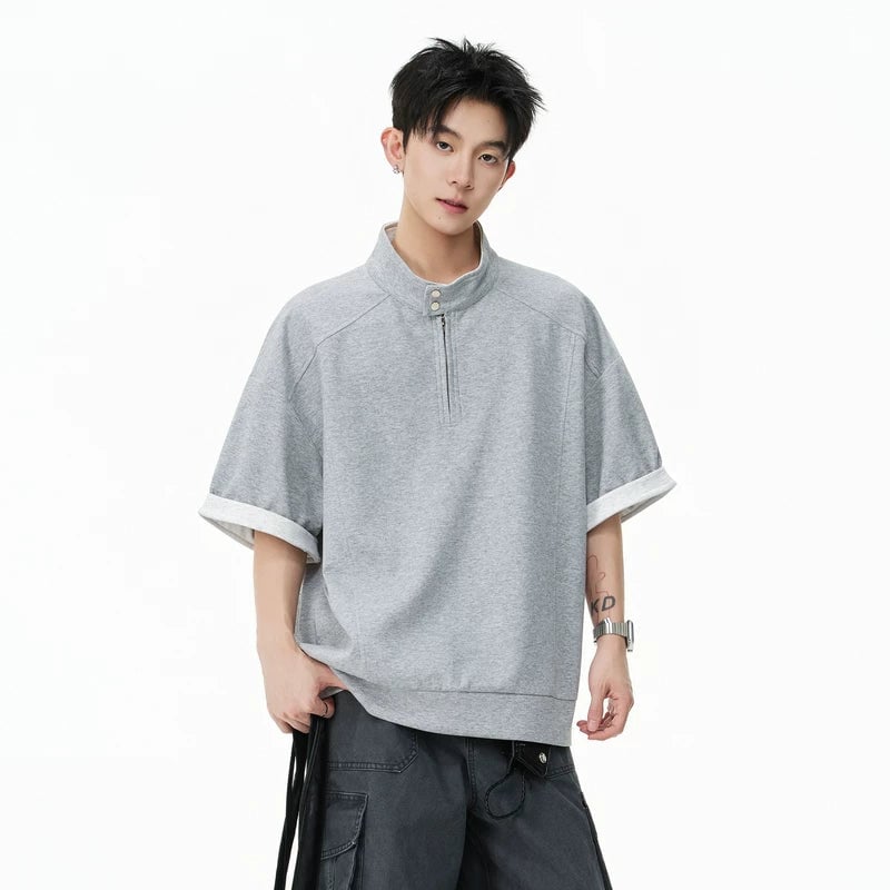 トップス half-sleeves t-shirt Half Zip Stand Collar Short Sleeve T-Shirt | The Korean Fashion