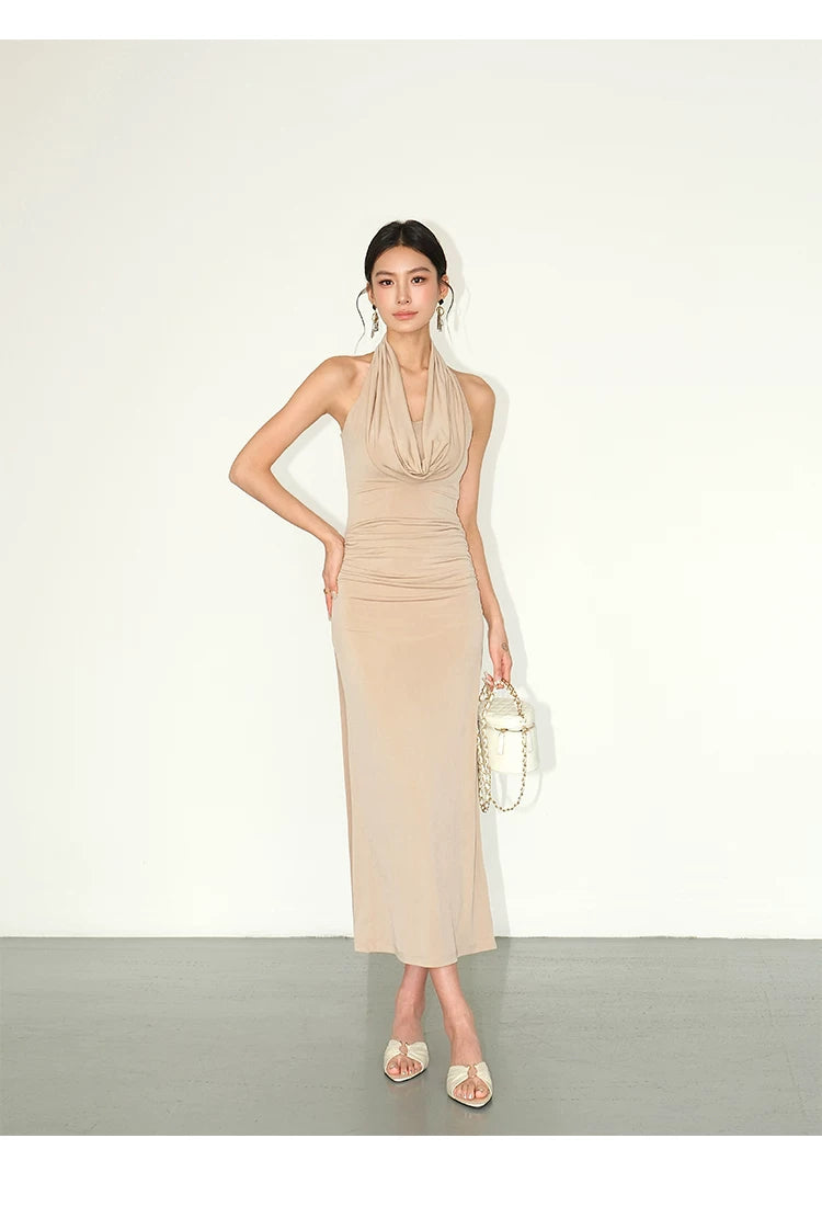 halter neck bodycon maxi dress Ruched colorgrp-22663 Size:LARGE (Men's 9-12, Women's 11+) Navy Dress with Beige Achievebehavior cocktail events