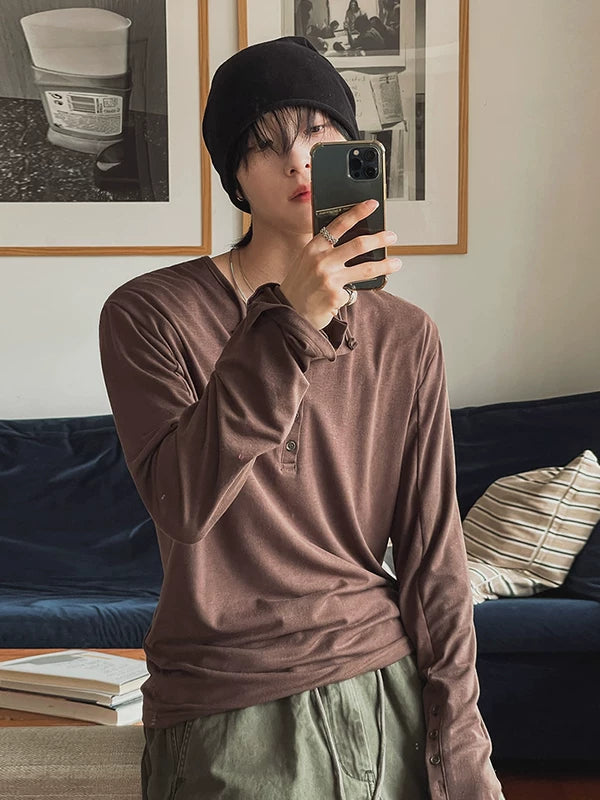 Brown Henley Collar Long Sleeve T-Shirt | The Korean Fashion