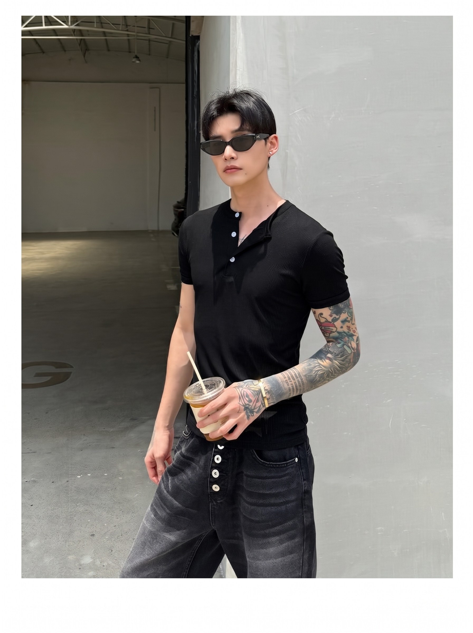 Henley Neck Knit Short Sleeve Tee | The Korean Fashion