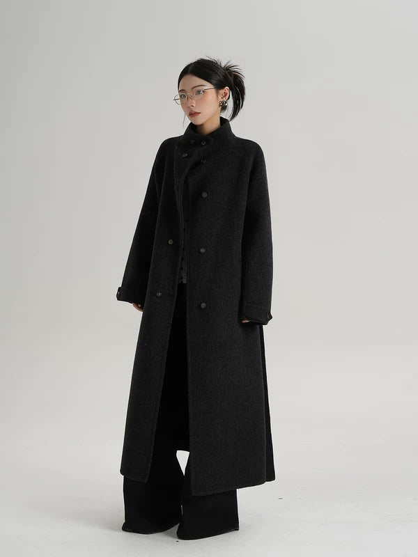 High-Neck Double-Breasted Long Wool Coat | The Korean Fashion