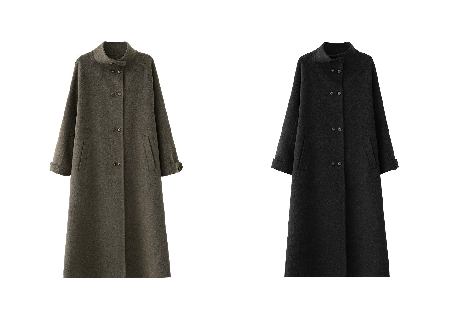 High-Neck Double-Breasted Long Wool Coat | The Korean Fashion