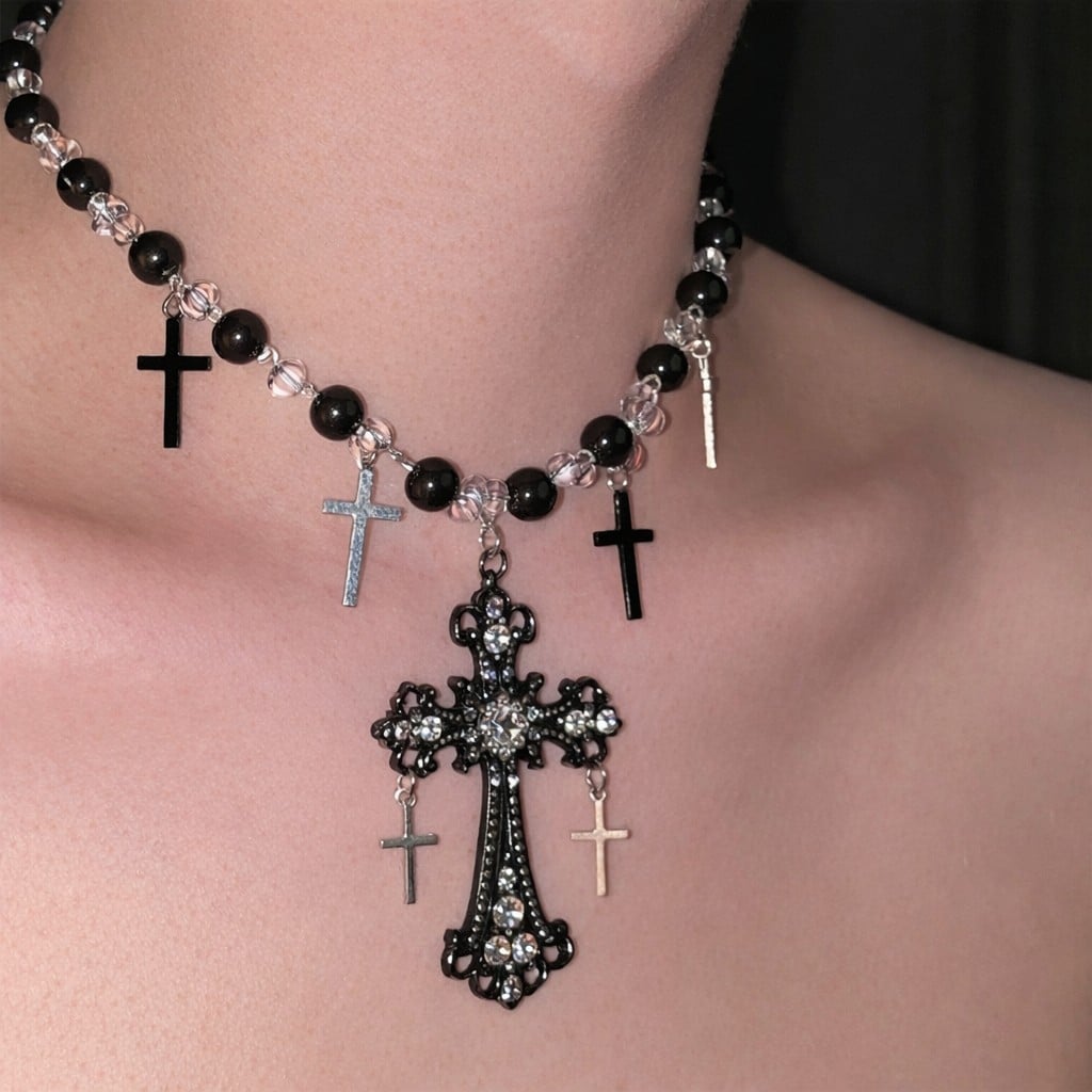 Cross Pendant Punk Bead Necklace | The Korean Fashion