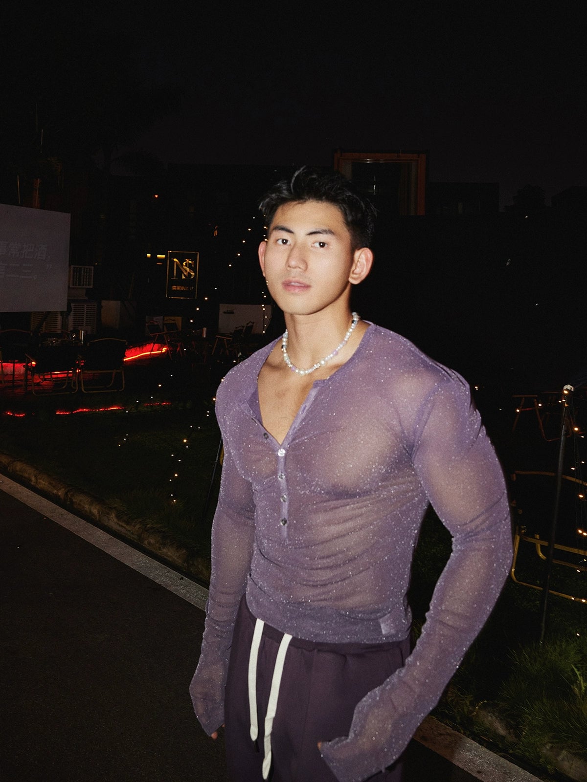 Glitter Sheer Long Sleeve Henley Top | The Korean Fashion