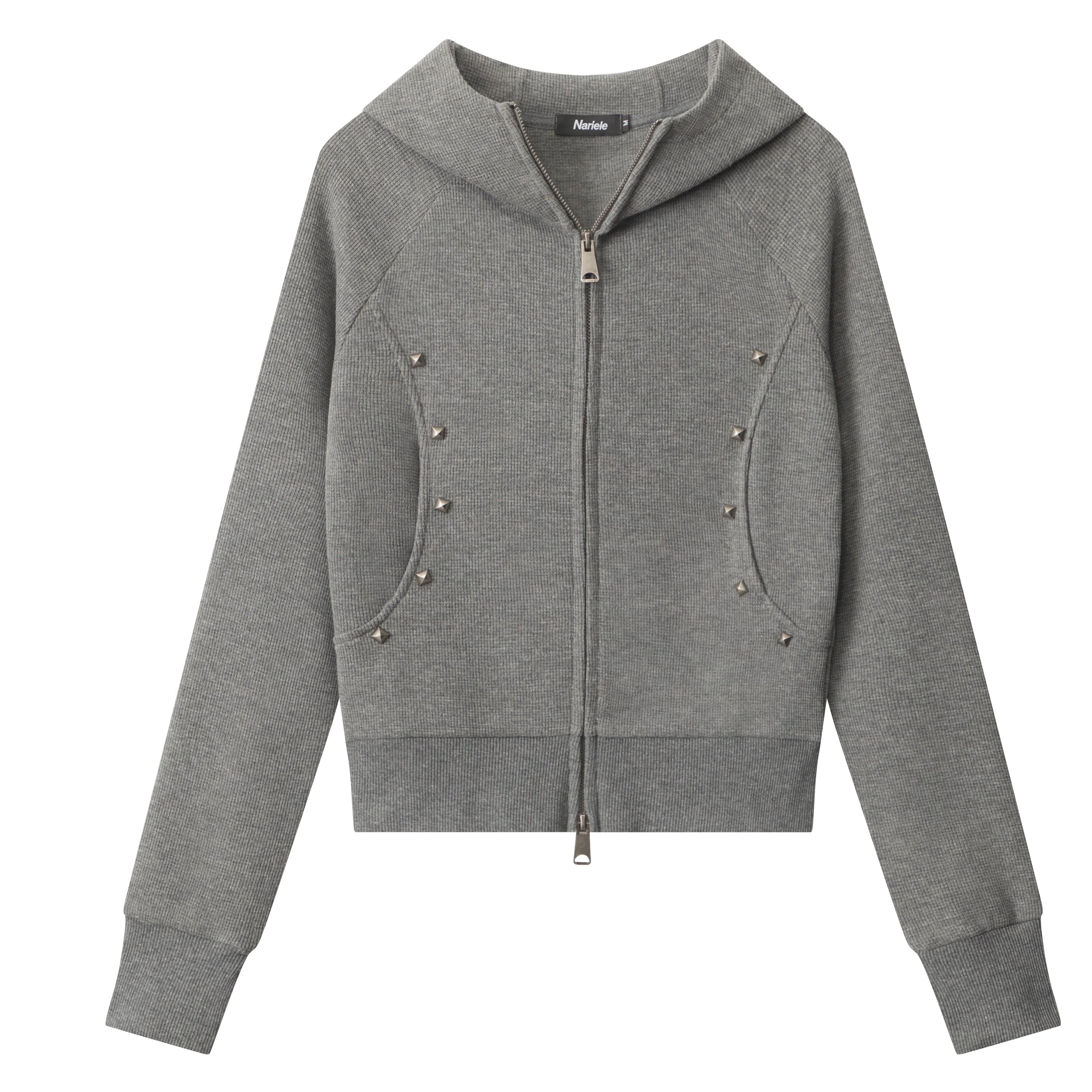 Knit Hooded Zip Cardigan with Stud Details | The Korean Fashion