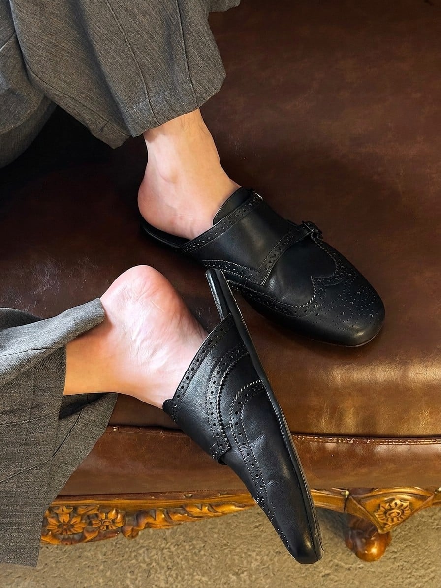 Leather Brogue Mule Slippers | The Korean Fashion