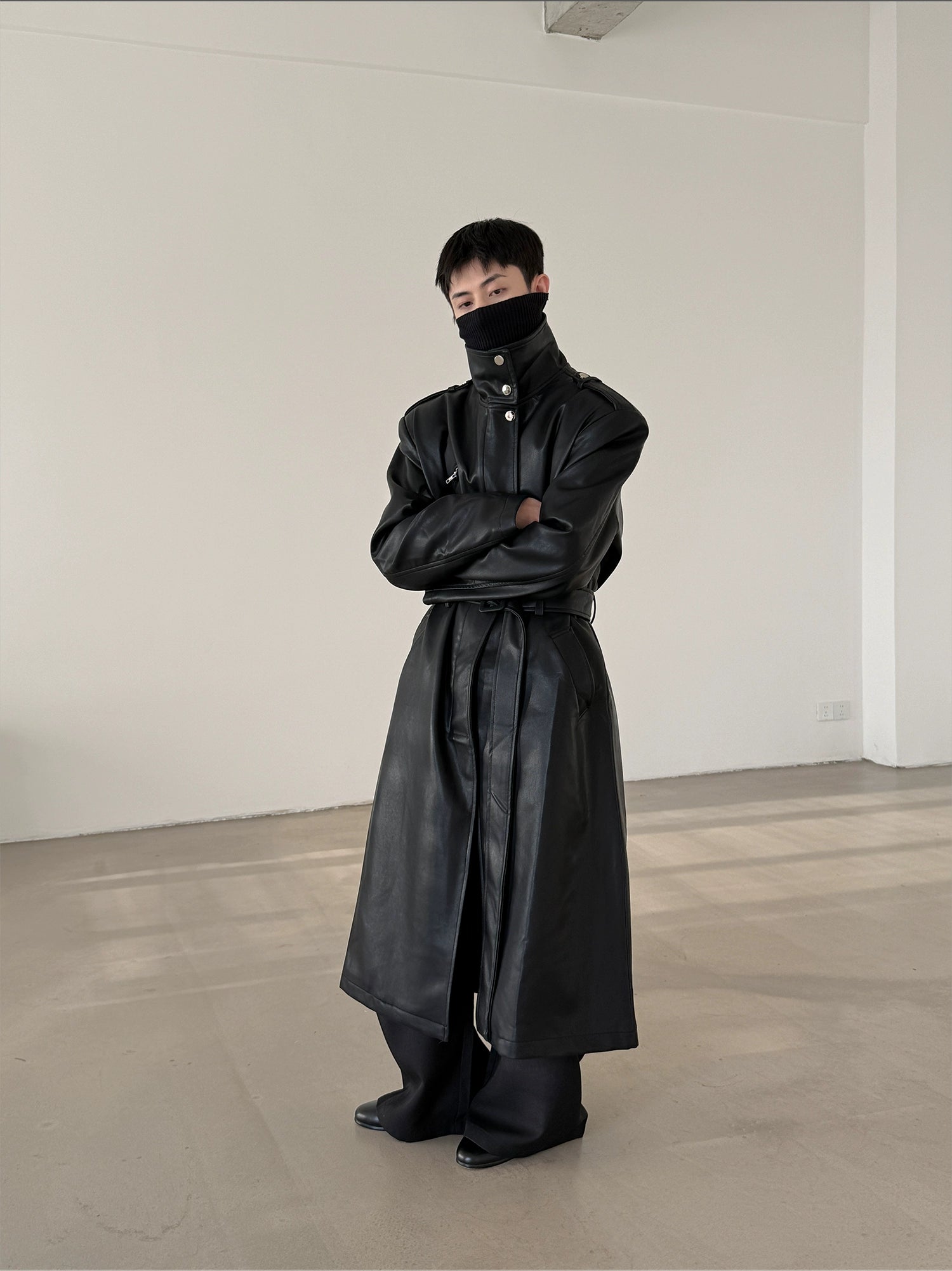 Faux Leather High-Neck Trench Coat | The Korean Fashion