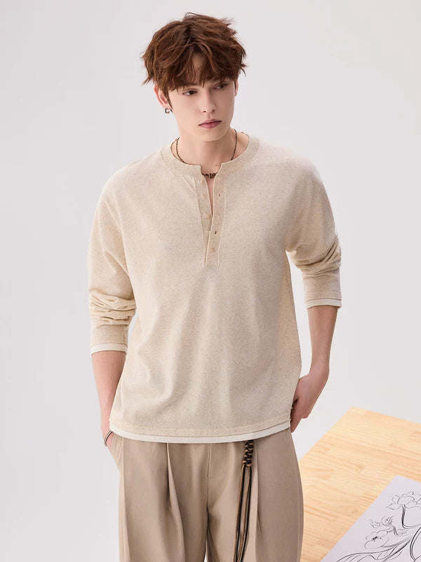 Linen Blend Long-Sleeve Henley T-Shirt | The Korean Fashion