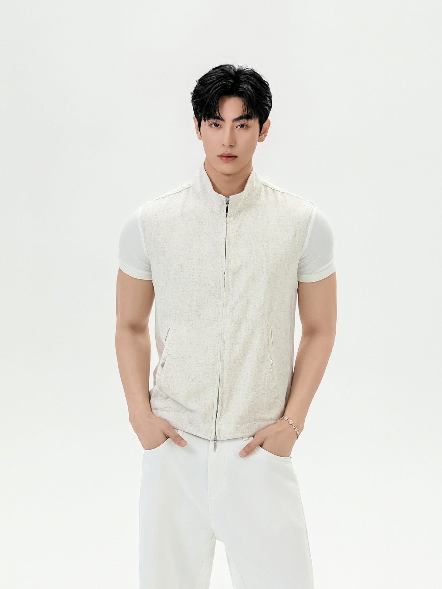 Linen Zip-Up Vest in Beige | The Korean Fashion