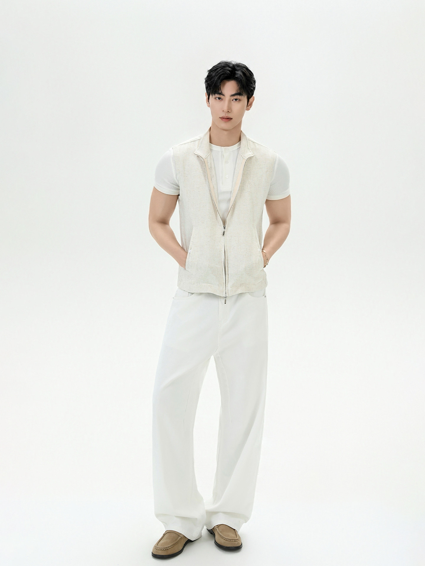 Linen Zip-Up Vest in Beige | The Korean Fashion