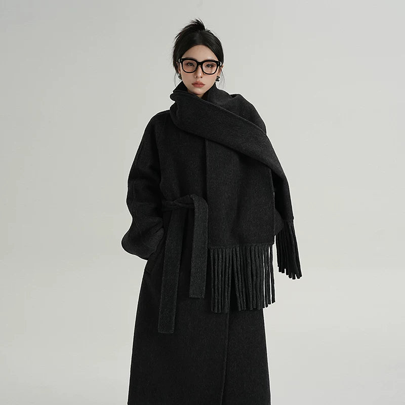 美品 UNITUS ユナイタス Belted Shawl Coat ブラック L Long Wool Belted Coat with Tassel Scarf | The Korean Fashion