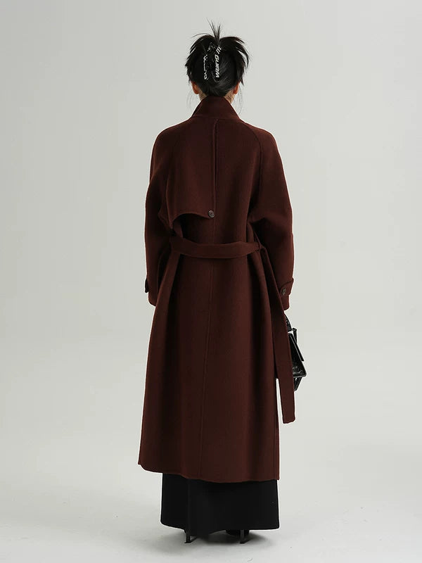 Long Wool Stand Collar Belted Coat | The Korean Fashion