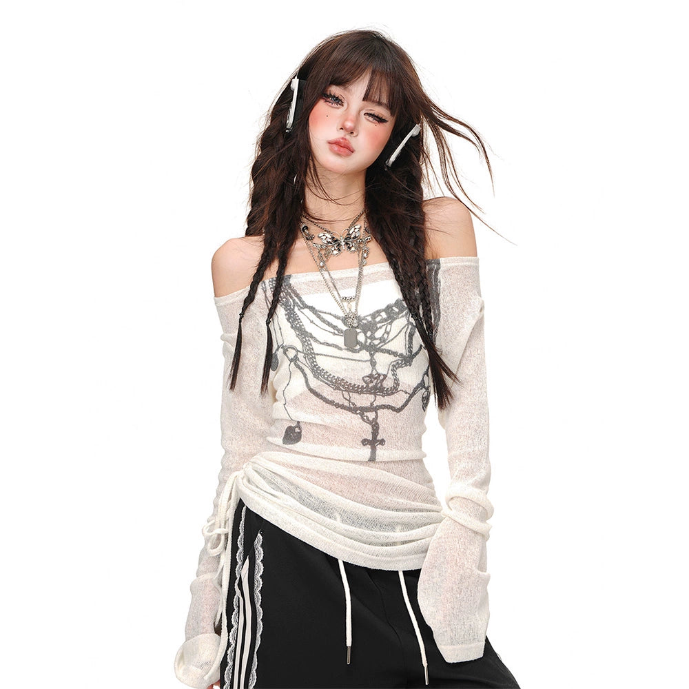 【BOHEMIAN SEOUL】LAYERED OFF-SHOULDER TOP Off-Shoulder Long-Sleeved Drawstring Top | The Korean Fashion