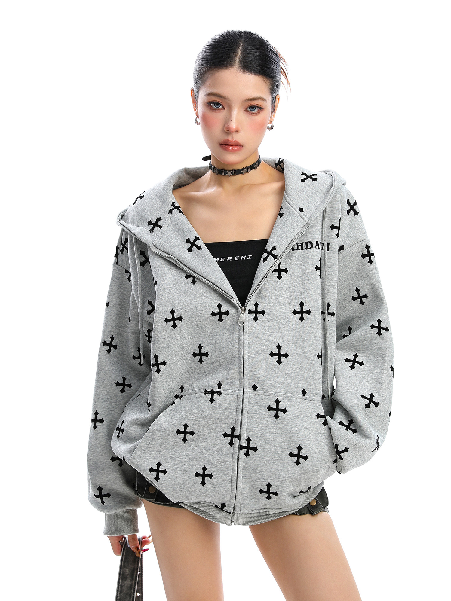 Oversized Cross Print Zip-Up Hoodie | The Korean Fashion