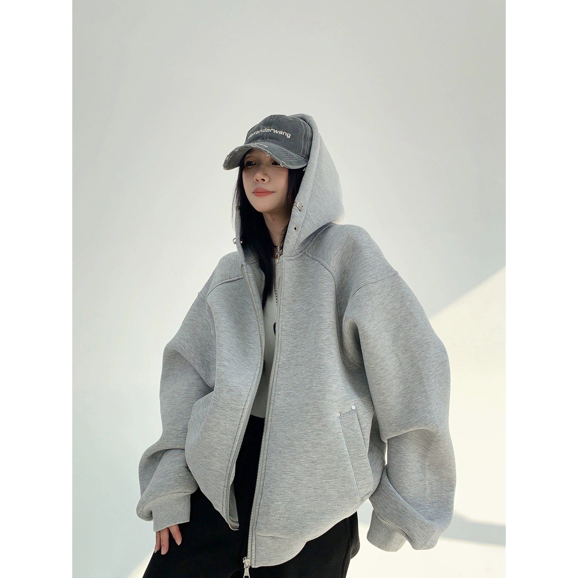 韓国限定  Hooded Zip-Up KC9315 Oversized Hooded Zip Jacket | The Korean Fashion