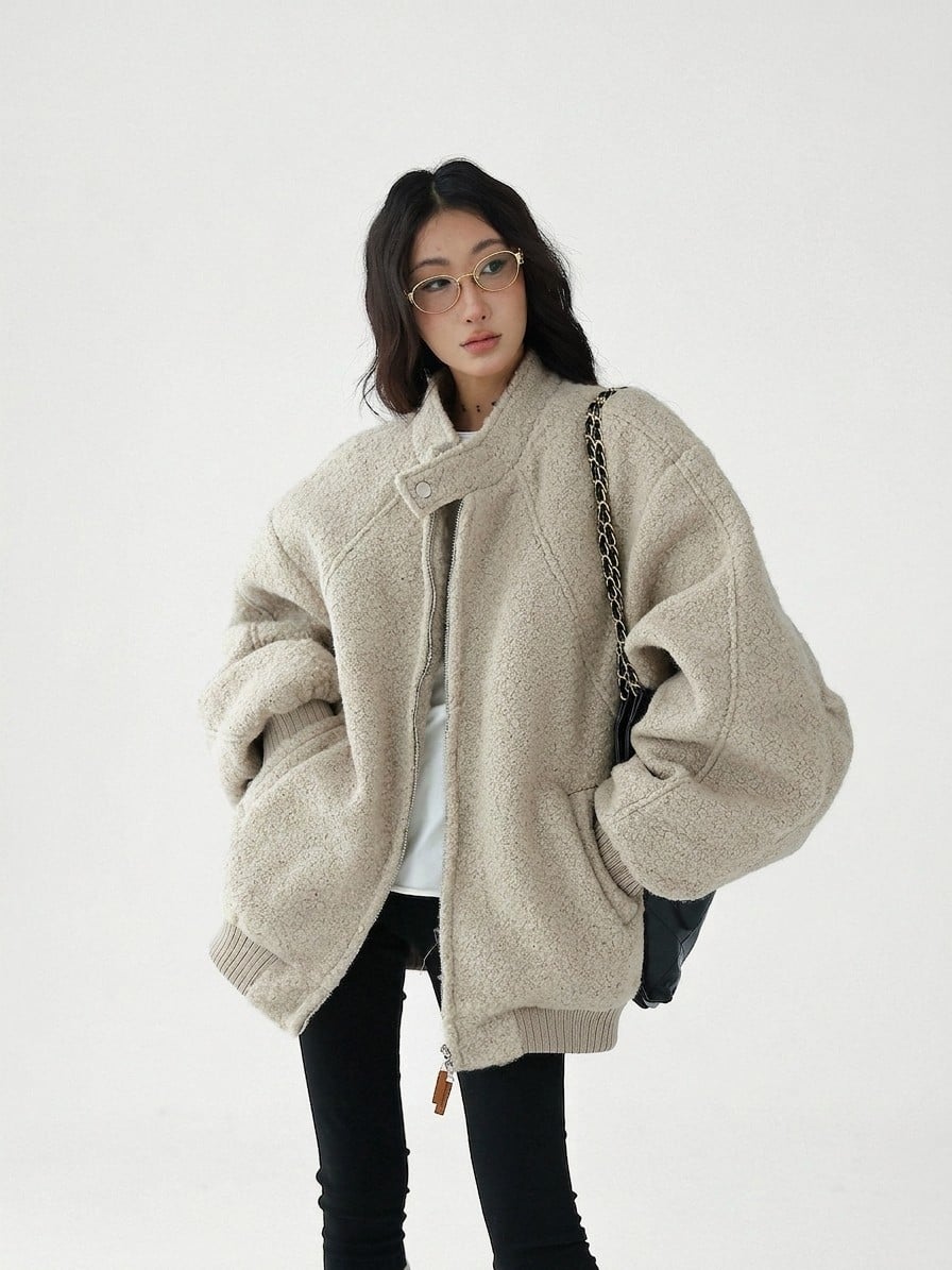 Oversized Stand Collar Bouclé Padded Jacket | The Korean Fashion