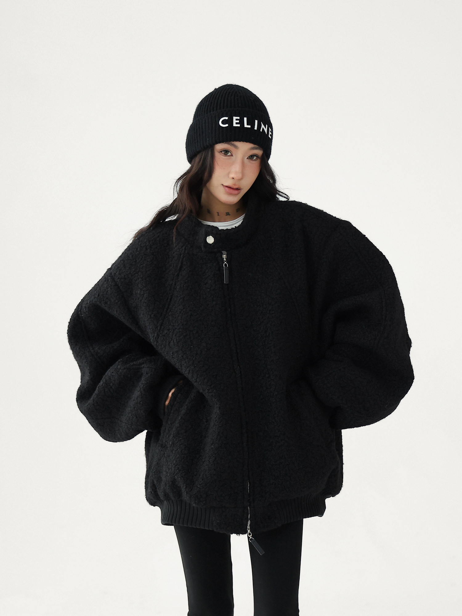 Oversized Stand Collar Bouclé Padded Jacket | The Korean Fashion