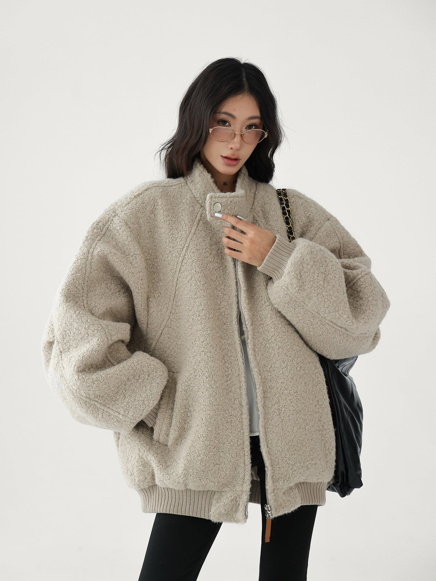 Standcollar Boucle Jacket グレージュ 38 Oversized Stand Collar Bouclé Padded Jacket | The Korean Fashion