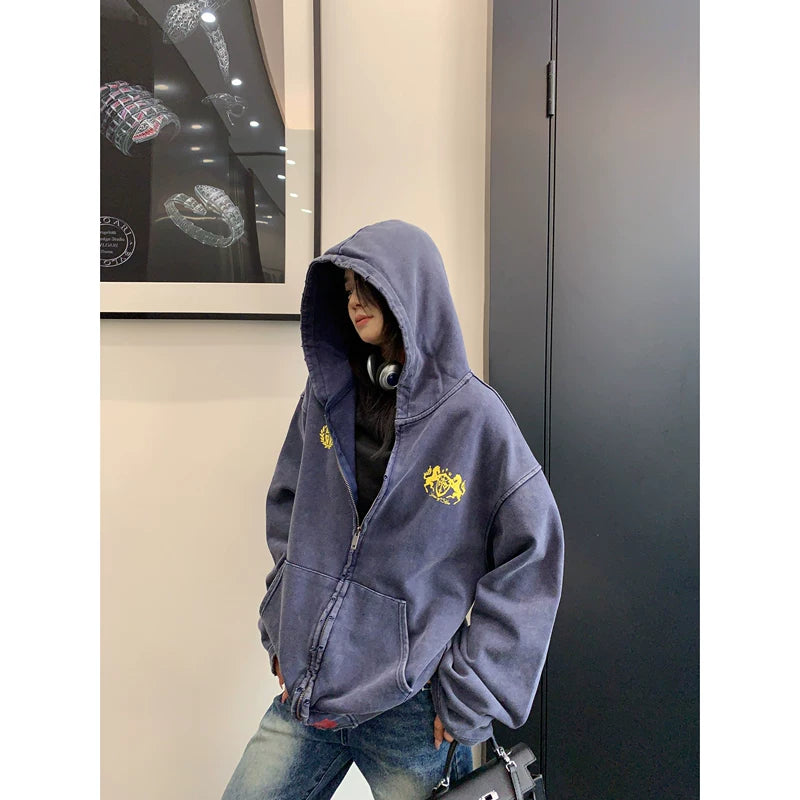 韓国限定  Hooded Zip-Up KC9315 Oversized Zip-Up Hoodie Jacket with Embroidered Crest